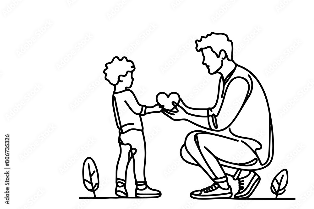continuous one black line drawing father and son playing together and holding heart shape doodle father day concept vector on white background continuous one black line drawing father and son playing together and holding heart shape doodle father day concept vector on white background