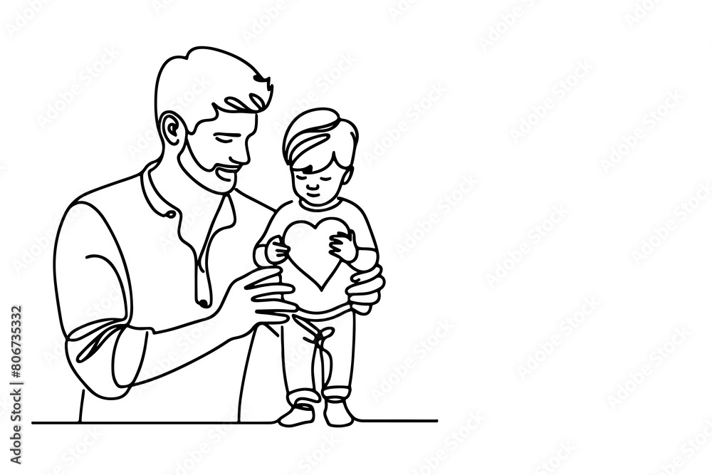 continuous one black line drawing father and son playing together and holding heart shape doodle father day concept vector on white background continuous one black line drawing father and son playing together and holding heart shape doodle father day concept vector on white background