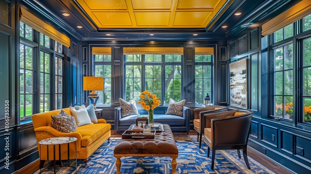 Navy blue walls with mustard yellow wainscoting and mustard yellow