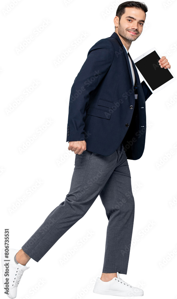 Handsome Turkish man wearing semi-formal attire walking with tablet in hand PNG file no background Handsome Turkish man wearing semi-formal attire walking with tablet in hand PNG file no background