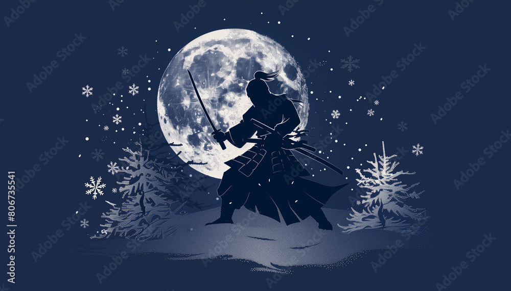 Mystical Samurai Under a Full Moon on a Snowy Winter Night