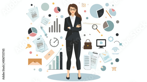 Business woman with set icons Vector illustration. Vector