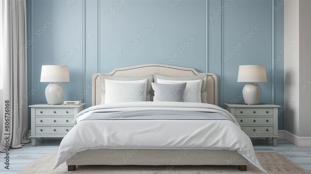 Pale blue accent wall behind a soft gray bed with soft gray nightstands.
