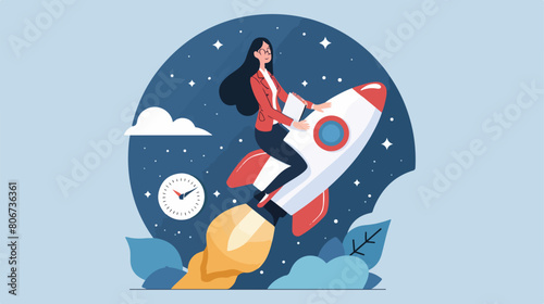Businesswoman on rocket and clock avatar character Vector
