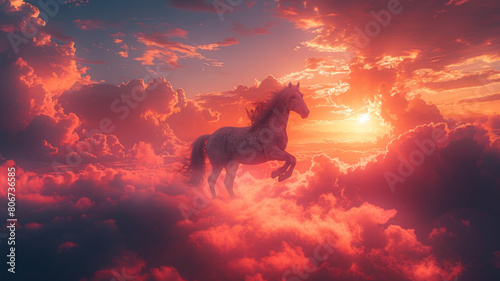 a fantastic beautiful white unicorn jumps through the sky among the clouds at dawn.generative ai
