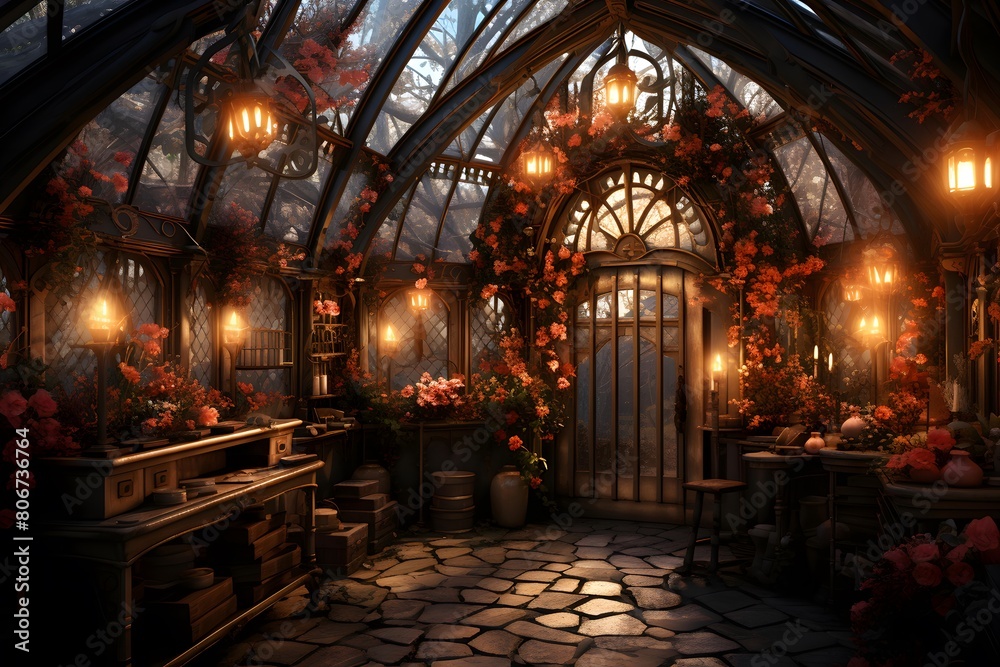 Interior of a greenhouse with flowers and lights. 3d rendering