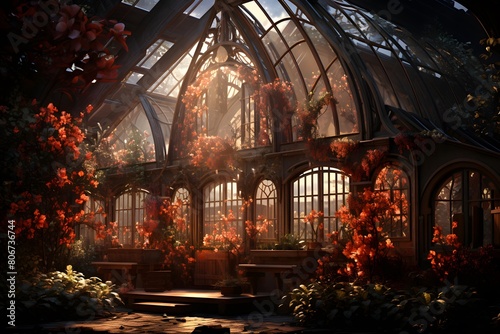 Panorama of a greenhouse with red flowers and plants in the garden © Michelle