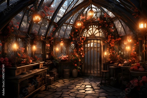 Interior of a greenhouse with flowers and lights. 3d rendering