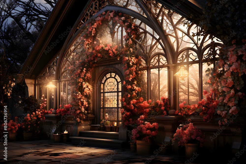 3d rendering of a gazebo decorated with flowers in the evening