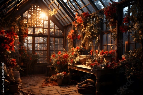 Beautiful greenhouse in the evening light. Panoramic image.