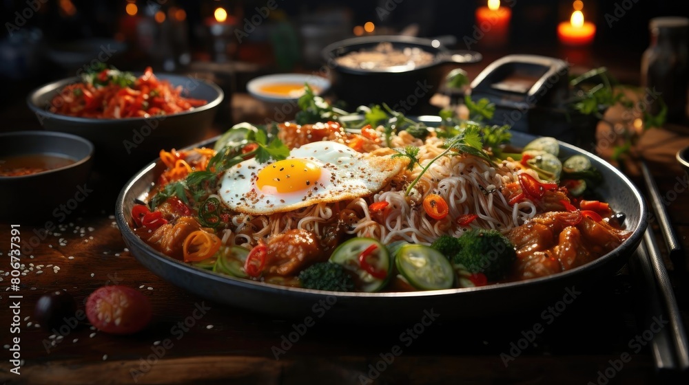 Delicious ramen noodles with egg topping on top, blur background