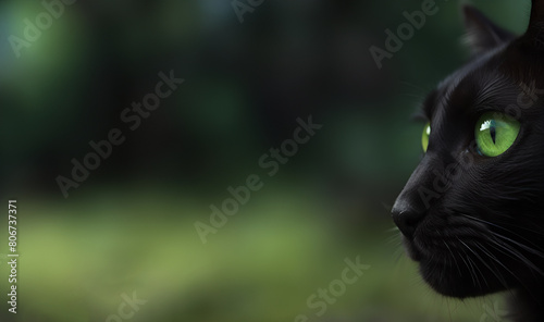 portrait of a black cat with green eyes on green blurred background, banner, background © Jam.ilia
