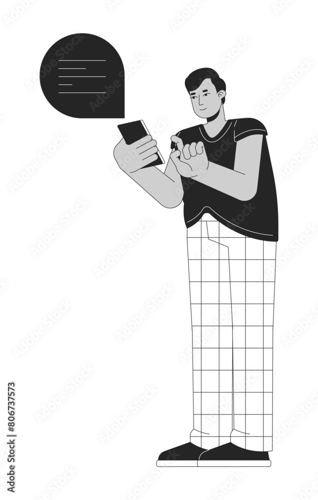 Hindu man with overweight holding phone black and white 2D line cartoon character. Plus sized indian male texting isolated vector outline person. Body positive monochromatic flat spot illustration