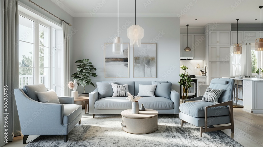 Pale blue sofa with soft gray accent chairs and soft gray area rug in a living room.