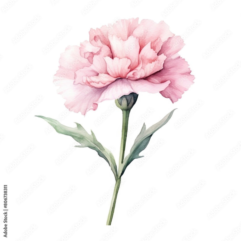 Carnation pink flower watercolor illustration. Floral blooming blossom painting on white background