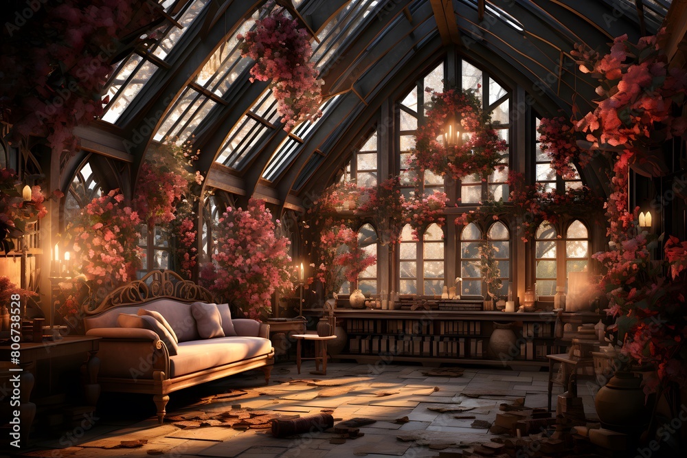 Interior of a beautiful botanical garden in autumn, 3d rendering