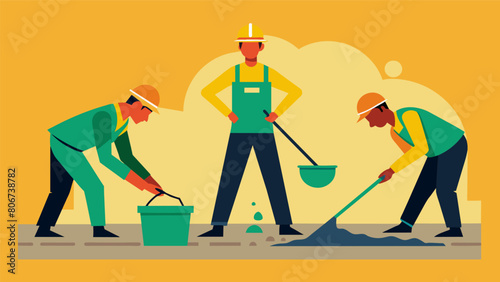 Despite the heavy physical labor involved the workers move with grace and coordination creating a seamless and even surface as they pour the concrete. Vector illustration
