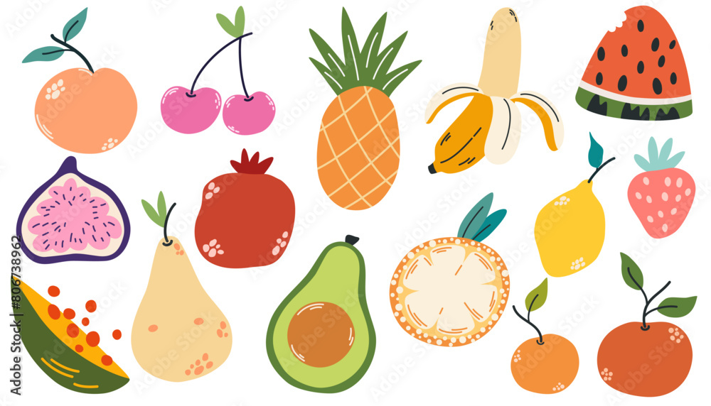 Doodle fruits. Natural tropical fruit, doodles citrus orange and vitamin lemon. Vegan kitchen apple hand drawn vector illustration Doodle fruits. Natural tropical fruit, doodles citrus orange and vitamin lemon. Vegan kitchen apple hand drawn vector illustration