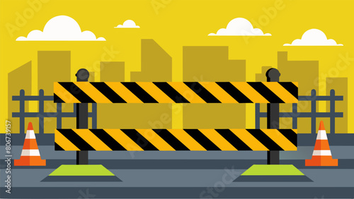 Bright yellow barriers creating a perimeter around a large construction area cautioning passersby to stay clear.. Vector illustration