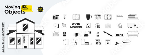 Renting moving in black and white 2D line cartoon objects bundle. Calendar tear off, rental boxes isolated vector outline items collection. Unpacking new home monochromatic flat spot illustrations