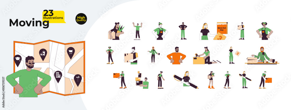 Fototapeta premium Packing moving house line cartoon flat illustration bundle. Holding cardboard boxes 2D lineart characters isolated on white background. Page tear-off, relocation map vector color image collection