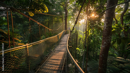 A canopy walkway winding through a lush rainforest, with towering trees and diverse wildlife below, offering visitors a unique perspective of the ecosystem's rich biodiversity