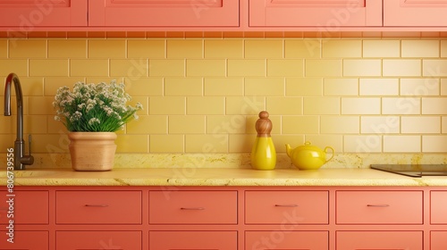 Pale yellow subway tile backsplash with coral cabinets and pale yellow countertops.