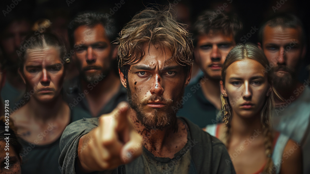 Multigenerational group pointing; young man in focus; somber tone,generative ai Multigenerational group pointing; young man in focus; somber tone,generative ai