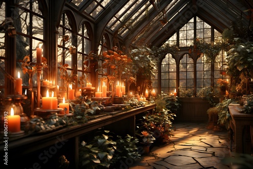 Interior of an old greenhouse with candles and plants. 3d rendering