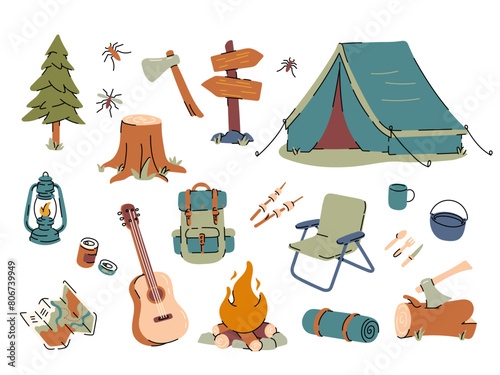 Camping, hiking items set. Camping equipments, travel trekking hiking gear adventure trip rucksack tent camp object tourism. Flat vector illustration