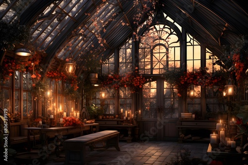 Illuminated interior of a greenhouse with christmas lights in the evening