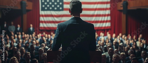 A shot capturing the 2024 presidential candidate at a podium, with the American flag as a patriotic backdrop  8K , high-resolution, ultra HD,up32K HD photo