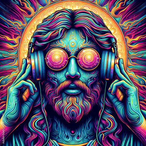 Digital art vibrant colorful psychedelic jesus with headphones vibin to music © The A.I Studio