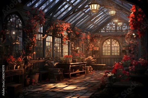 Panoramic view of a cozy garden at night with flowers and plants