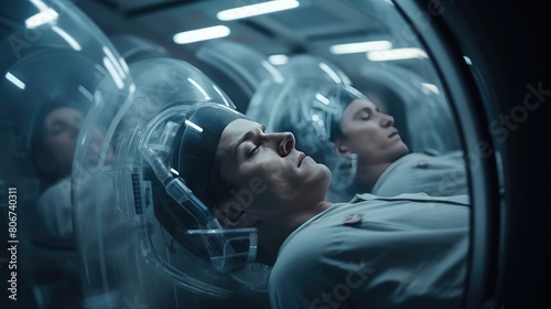 Team of astronauts in hypersleep anabiosis chamber aboard the orbital station. A crew of cosmonauts in hibernation. People in space. The concept of galactic travel and science.
