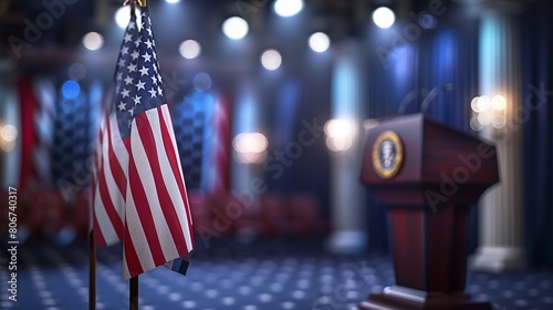 A symbolic shot of the 2024 presidential candidate at a podium, with the American flag serving as a backdrop 8K , high-resolution, ultra HD,up32K HD