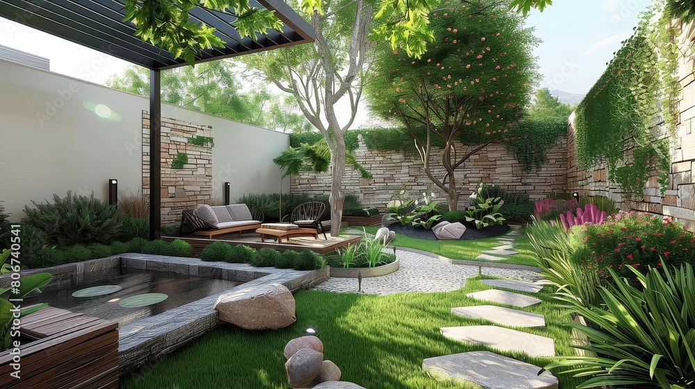 modern backyard garden design featuring a lush green tree, a cozy brown wooden bench, and a vibrant purple and pink flower, all set against a clean white wall