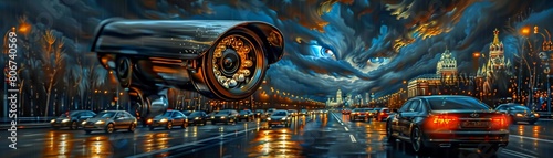 A CCTV camera watches over chaotic night traffic, its lens sharply focused against a blurred cityscape photo