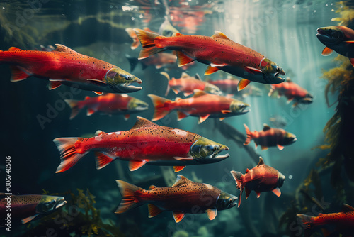 Dynamic Salmon Leap in Bubbling Waters.