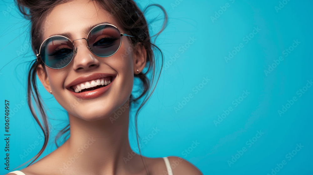 Smiling Woman in Sunglasses Against Blue Backdrop Smiling Woman in Sunglasses Against Blue Backdrop