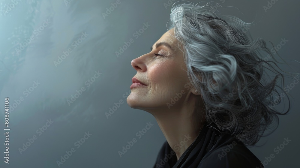 Joyful Senior Woman Smiling with Upward Gaze Joyful Senior Woman Smiling with Upward Gaze