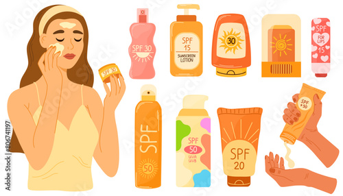 Sunscreen products set isolated. Woman applying sunscreen product. SPF protection and sun safety concept. SPF summer products lotion, cream, spray.