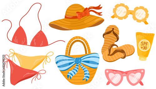 Straw hat, swimwear, sunglasses, flip flops, sun cream composition. Accessories, clothes for summer travel. Bikini, swimsuit, glasses for sea resort. Design elements set.