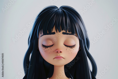 3D cartoon of an Asian girl with long black hair  eyes closed and head tilted back slightly
