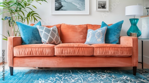Peach sofa with sky blue throw pillows and sky blue area rug in a living room.