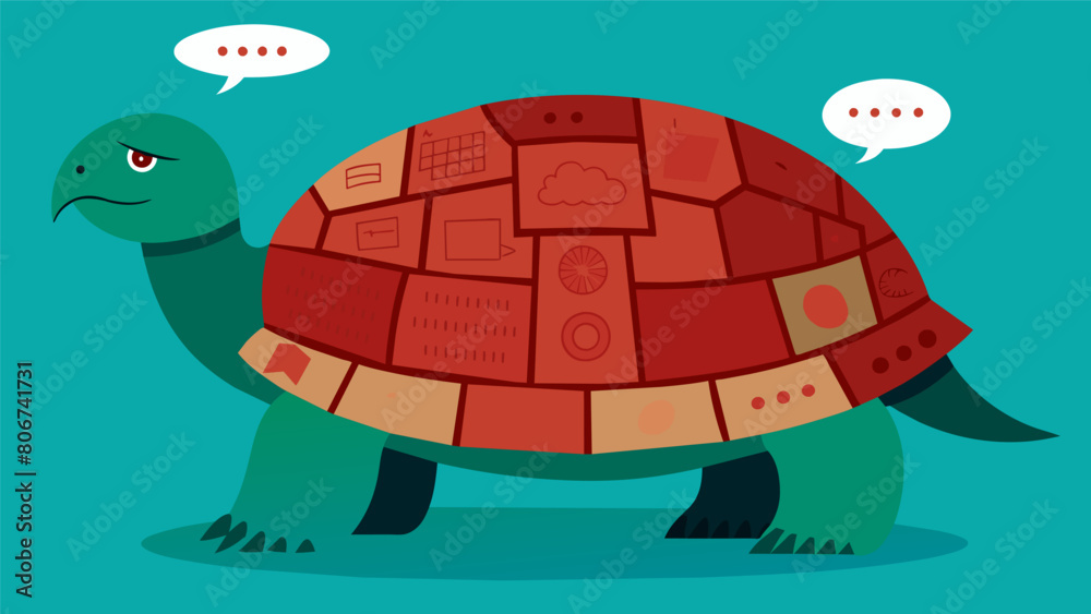 A large slowmoving turtle with a shell covered in fearering quotes and messages representing the slow but steady impact of alarmist propaganda.. A large slowmoving turtle with a shell covered in fearering quotes and messages representing the slow but steady impact of alarmist propaganda..