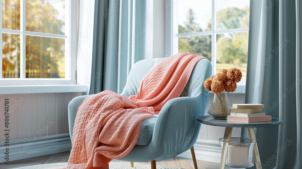 Peach throw blankets on sky blue armchairs in a cozy reading nook. Peach throw blankets on sky blue armchairs in a cozy reading nook.