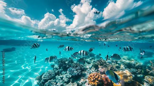 Fototapeta Naklejka Na Ścianę i Meble -  underwater view of a coral reef with many colorful fish swimming in blue clear water. scuba diving. snorkeling. summer rest