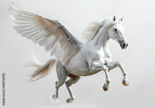 A majestic white Pegasus with wings spread wide in mid-gallop  isolated on a light background.