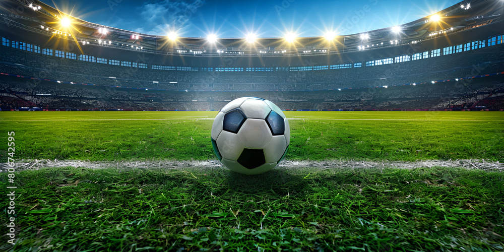Fototapeta premium Close up of a soccer ball in the center of the stadium illuminated by the headlights with background lights at night and stadium lights at night and stadium